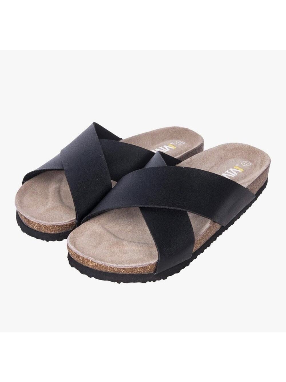 WTW Black Leather Slides 7 Criss-Cross Straps Footbed Sandals Comfort Cork NWT